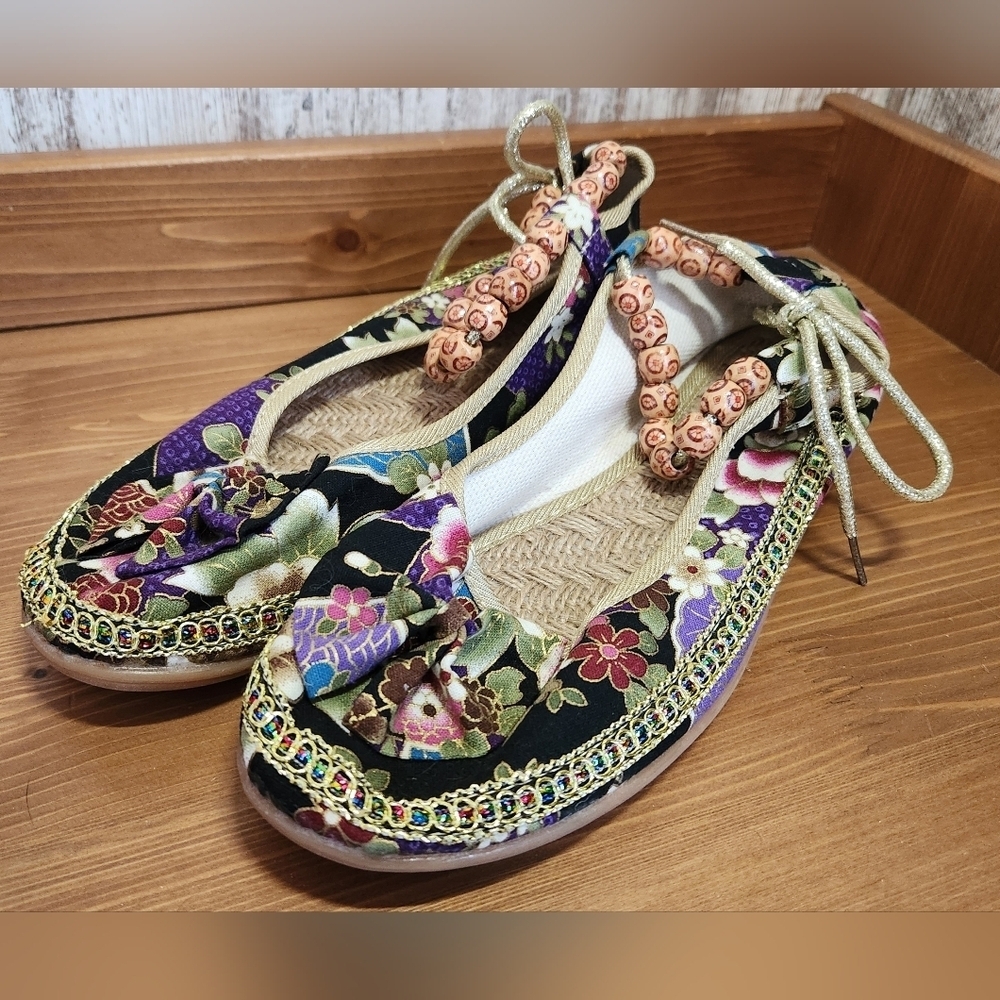 Multicolor Floral Flats Gold Trim, Beads, Bow, Beaded Ankle Strap Unique Style
